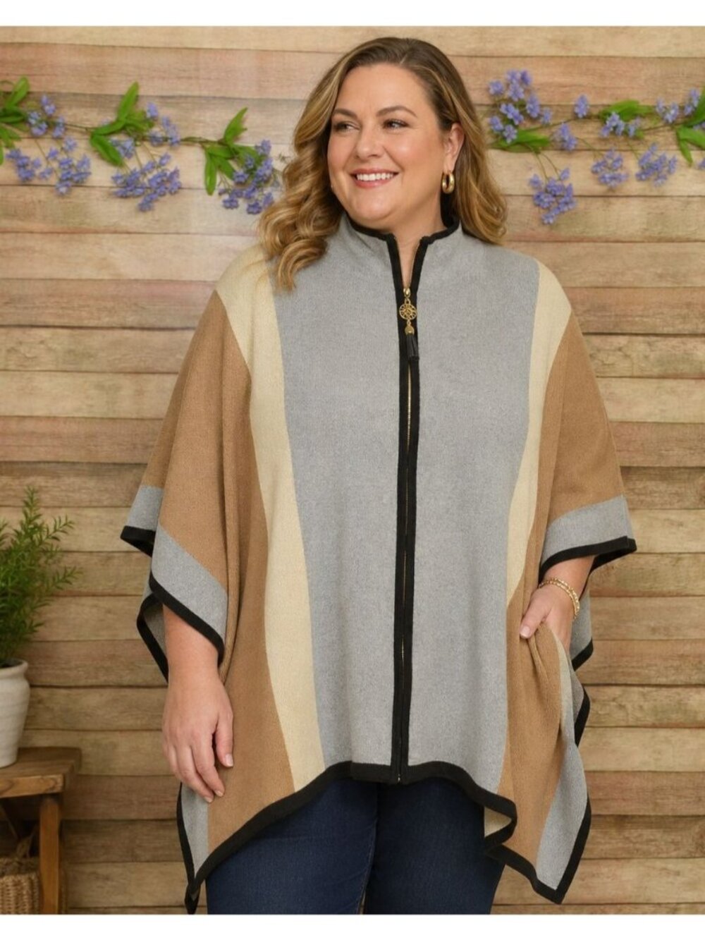 Anne Klein L XL Colorblock Sweater Cape Poncho Zip Front Gray Tan Cotton